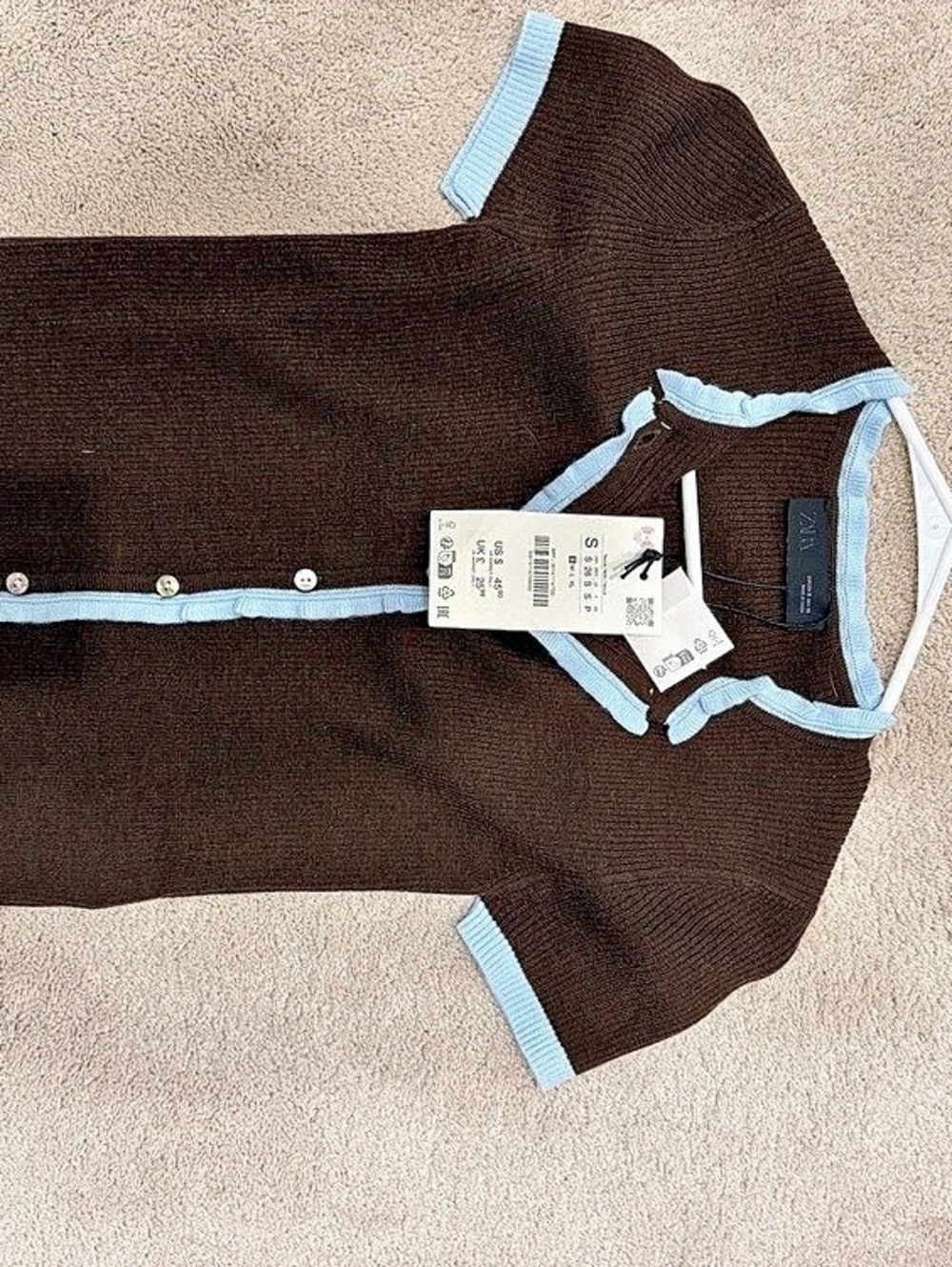Zara Contrast Trim Knit Cardigan Brown & Blue Size Small